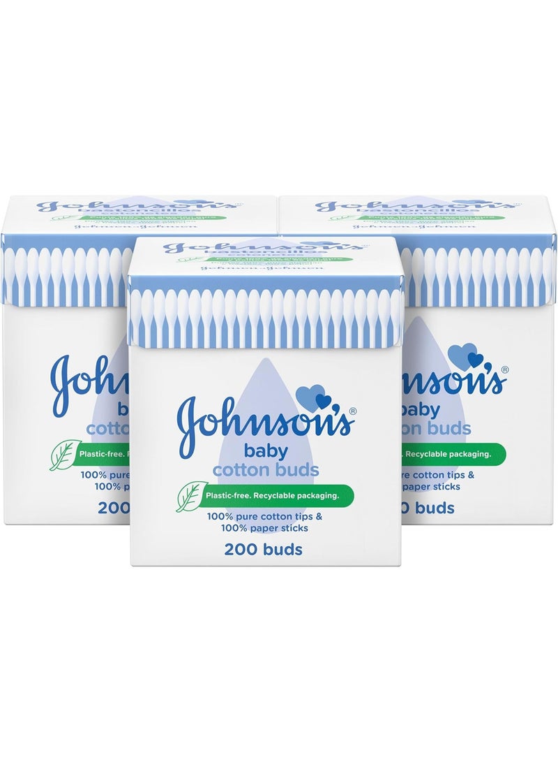 Johnson's Baby Cotton Buds 200 Count – 100% Pure Cotton Tips, Plastic-Free & Recyclable Packaging, Gentle for Ears, Nose, and Delicate Areas - Image 1