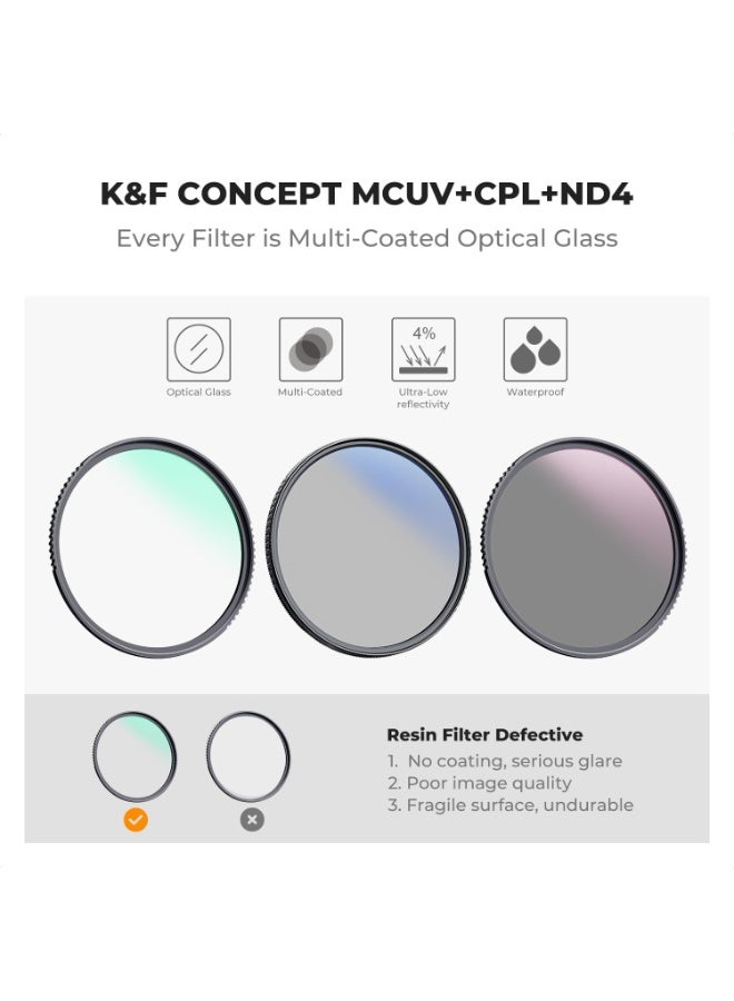 K&F Concept طقم فلاتر عدسة 67 مم UV/CPL/ND، فلتر UV + فلتر استقطابي دائري + فلتر كثافة محايدة (ND4) + قطعة قماش تنظيف ميكروفايبر + حقيبة فلاتر لعدسة الكاميرا - Image 2
