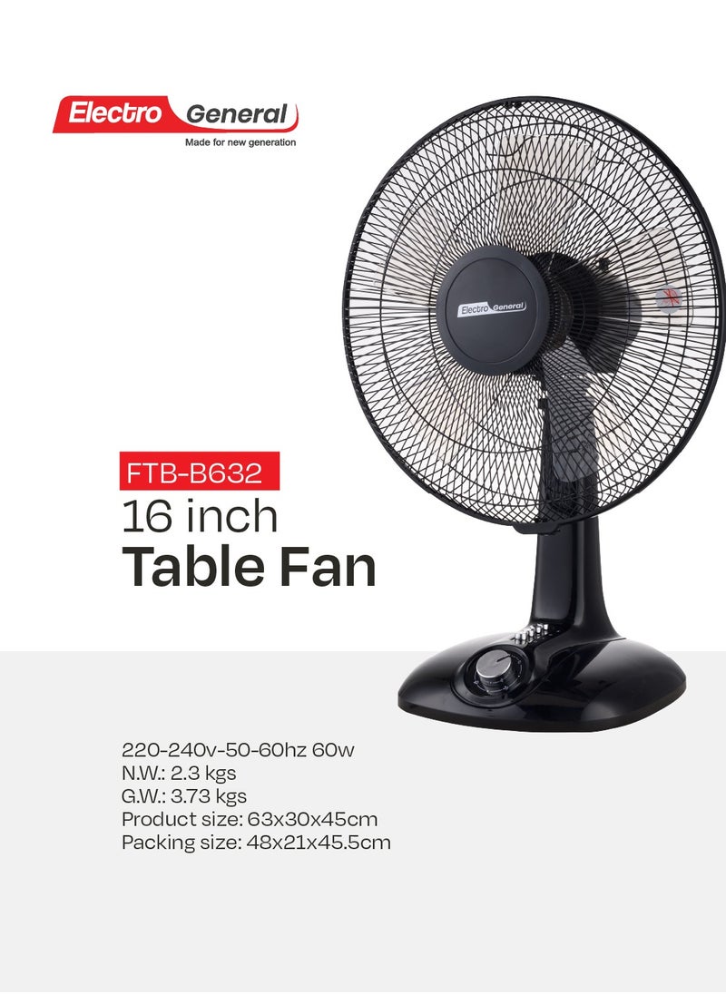Electro General - Table Fan 60 W16 inch (40cm), Full Copper Motor (74*18mm), Five AS Blades, Three Speed ​​Control, 1 Hour Timer, Black, Without Remote Control FTB-B632 - Image 1