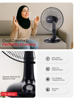 Electro General Table Fan 60 W16 inch (40cm), Full Copper Motor (74*18mm), Five AS Blades, Three Speed ​​Control, 1 Hour Timer, Black, Without Remote Control FTB-B632  - Image 4