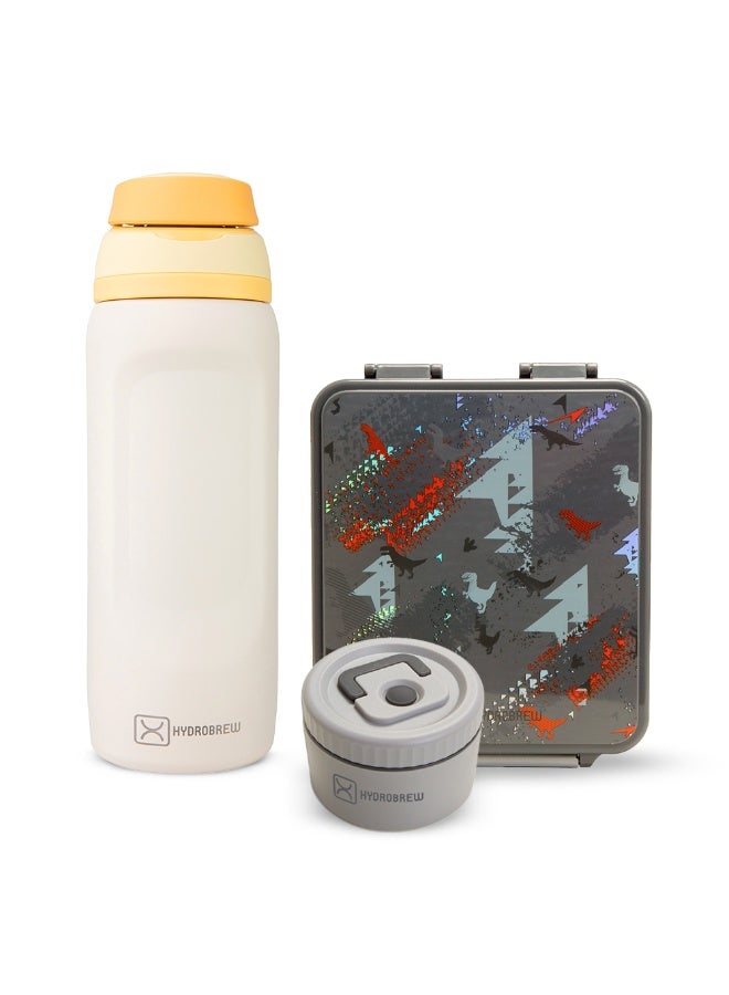 Hydrobrew Bento Lunch Box 1.74L w/ Steel Food Jar & Sip Switch Water Bottle 1000ml | Leakproof Meal Box – Dinosaurs Grey - Image 1