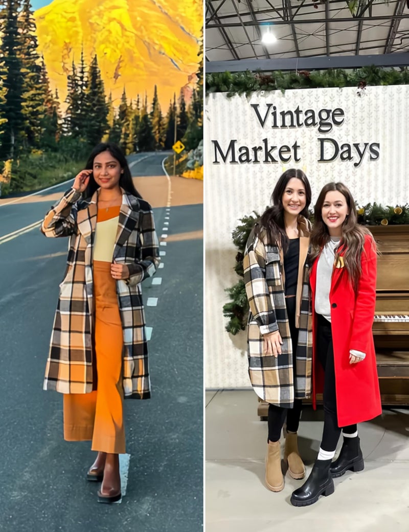 PUWEI Women's Casual Lapel Button Down Long Plaid Shirt Coat Tartan Shacket Jacket(1370-Brown-S) - Image 4