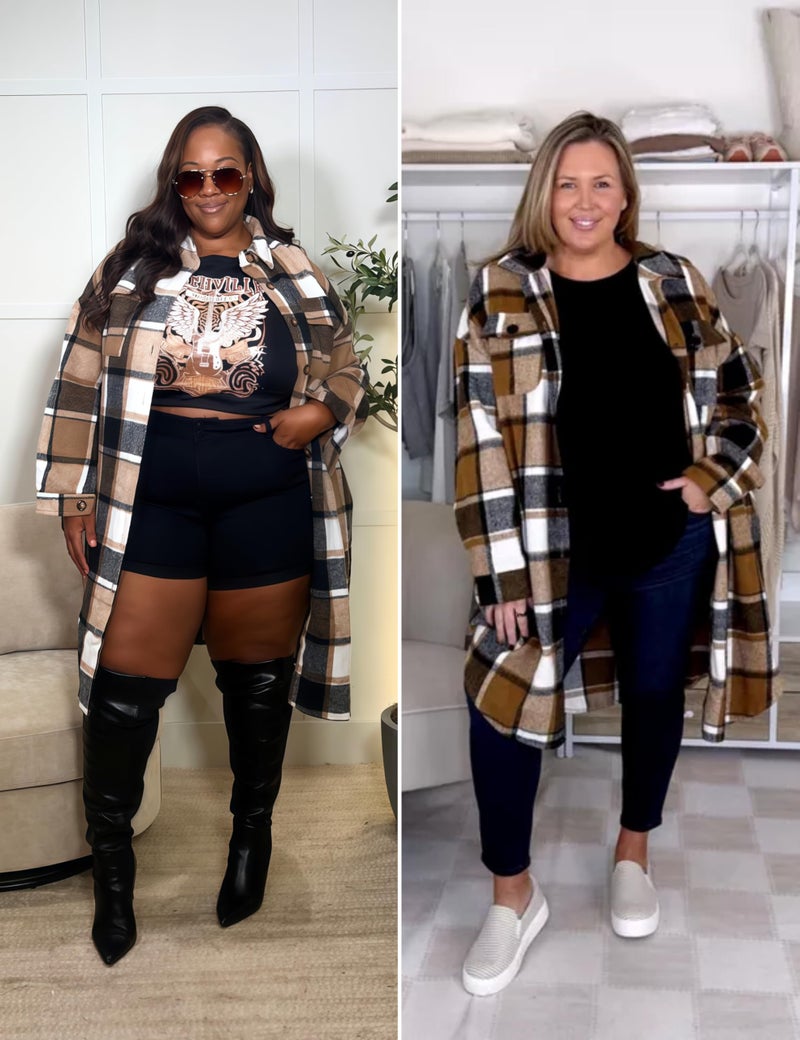 PUWEI Women's Casual Lapel Button Down Long Plaid Shirt Coat Tartan Shacket Jacket(1370-Brown-S) - Image 5