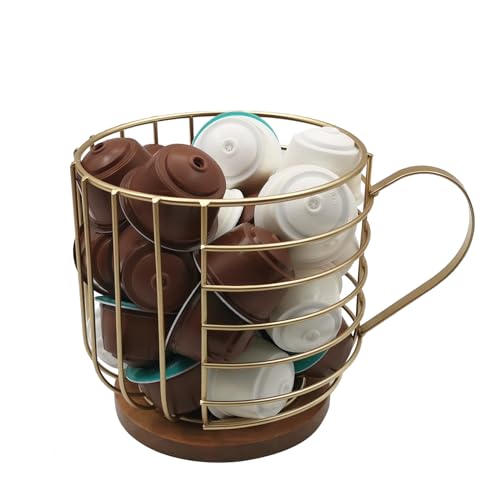 MFBJXC Large Capacity Wire Kup Storage with Wooden Base, Mug Shape Wire Storage Basket for Home Cafe Bar Countertop Kitchen Decor Storage Accessories Gold - Image 2