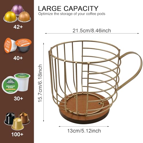 MFBJXC Large Capacity Wire Kup Storage with Wooden Base, Mug Shape Wire Storage Basket for Home Cafe Bar Countertop Kitchen Decor Storage Accessories Gold - Image 4