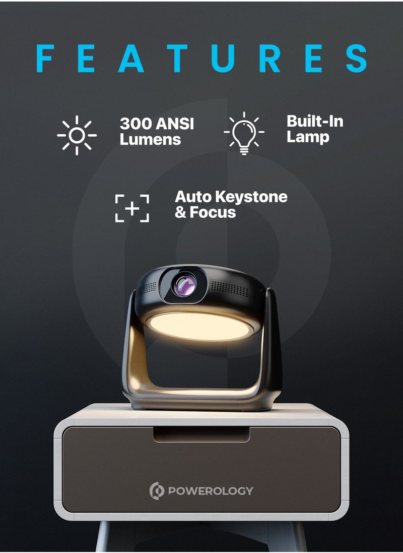 Powerology - Portable Projector with Rotating Stand / 300 Ansi Lumens Full HD / Airplay and Miracast /Bluetooth/ 30-150 inch Projection Size / Android 11 - Black - Image 1
