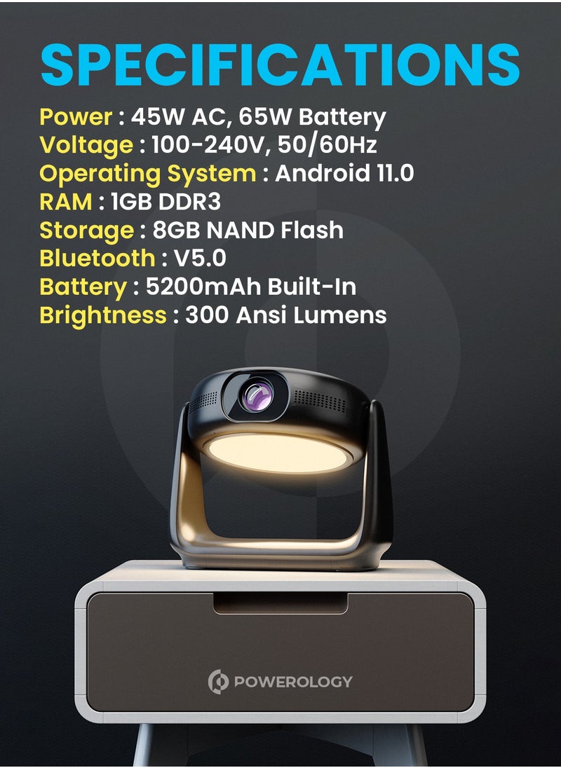 Powerology - Portable Projector with Rotating Stand / 300 Ansi Lumens Full HD / Airplay and Miracast /Bluetooth/ 30-150 inch Projection Size / Android 11 - Black - Image 1