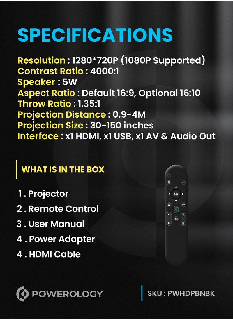 Powerology - Portable Projector with Rotating Stand / 300 Ansi Lumens Full HD / Airplay and Miracast /Bluetooth/ 30-150 inch Projection Size / Android 11 - Black - Image 1