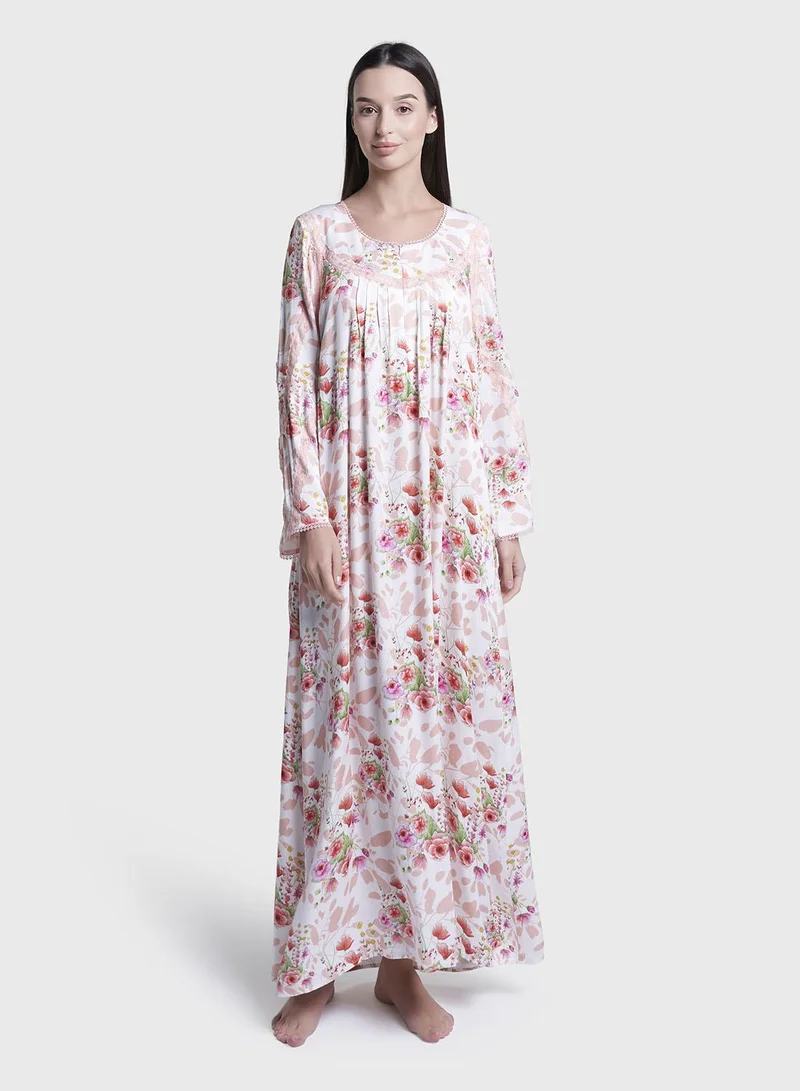 كشخة Off White Floral Print Long Nightwear Dress (CNH463)