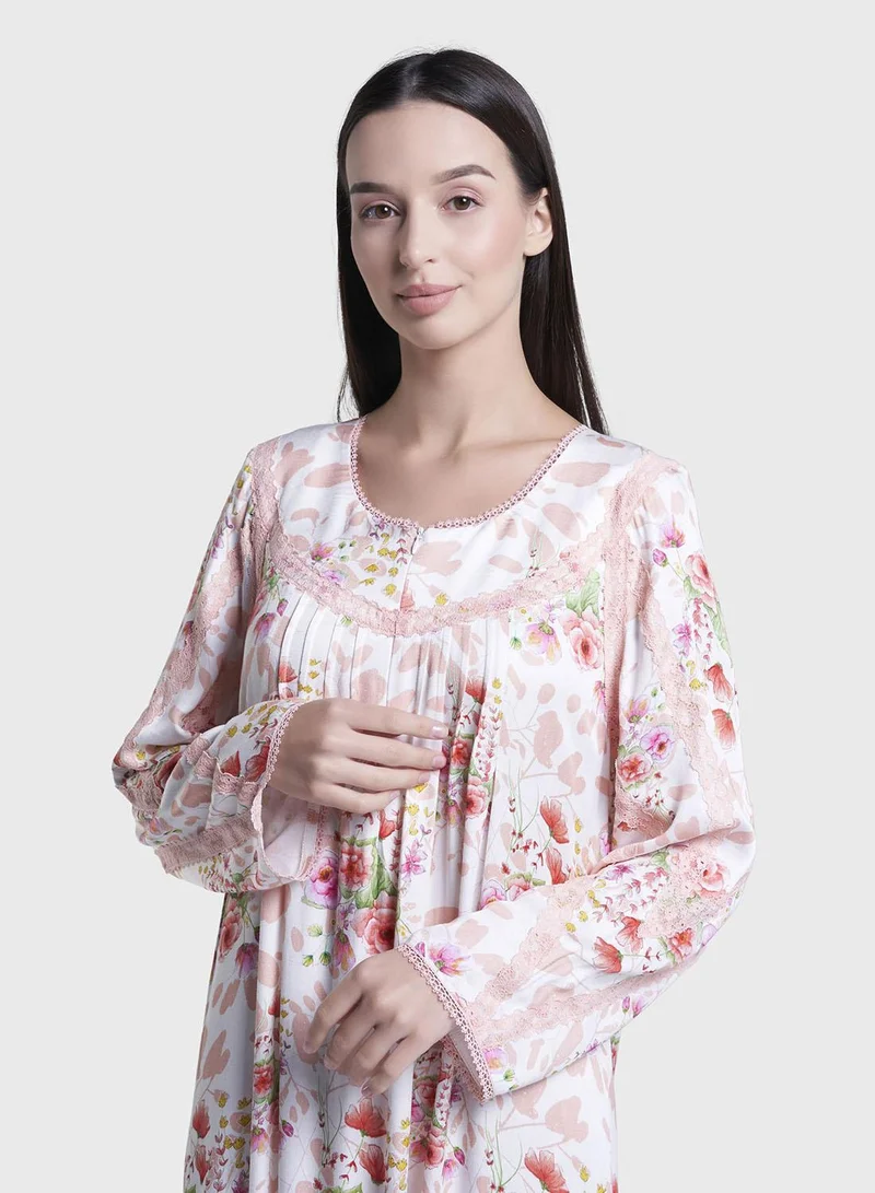 كشخة Off White Floral Print Long Nightwear Dress (CNH463)