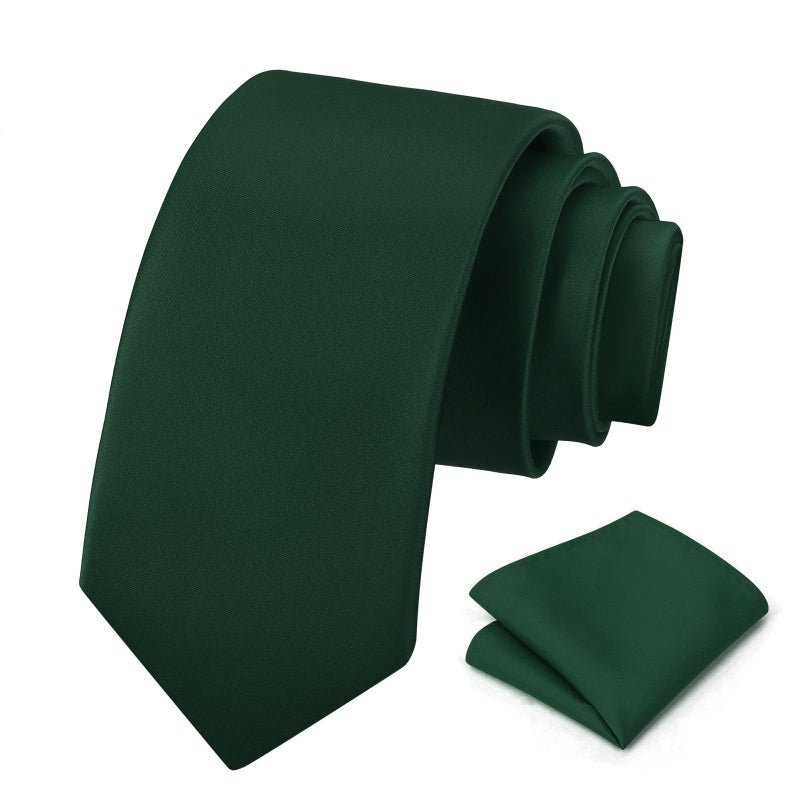 PenSee Men's Hunter Green Tie Set Solid Pure Color 3.15" (8CM) Classic Formal Plain Necktie and Pocket Square Set For Men - Image 1