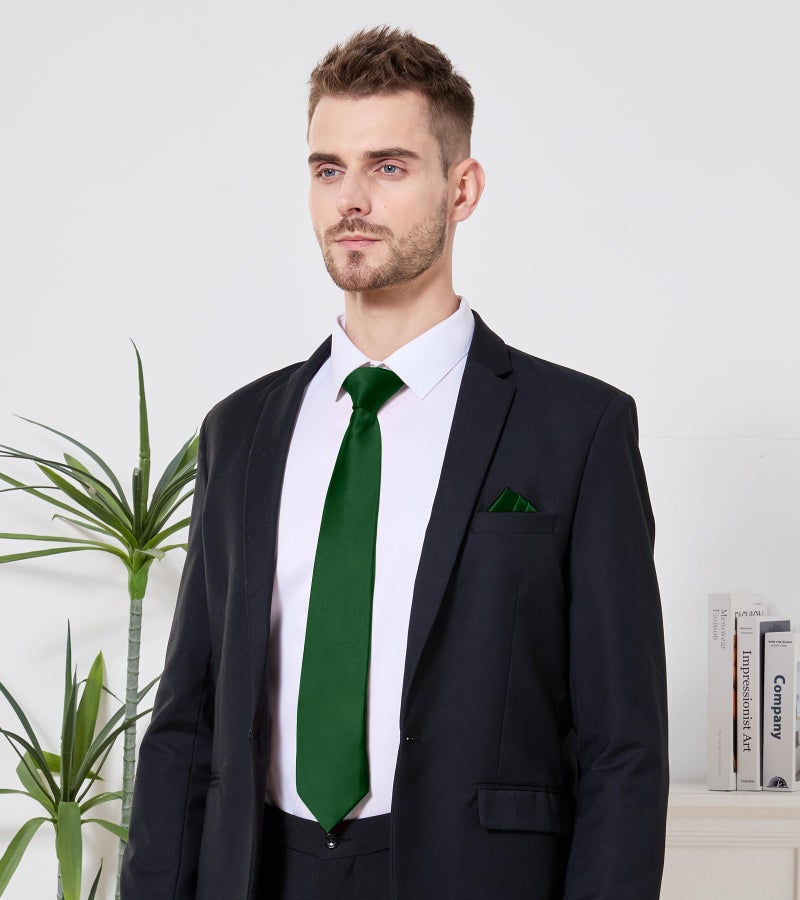 PenSee Men's Hunter Green Tie Set Solid Pure Color 3.15" (8CM) Classic Formal Plain Necktie and Pocket Square Set For Men - Image 2
