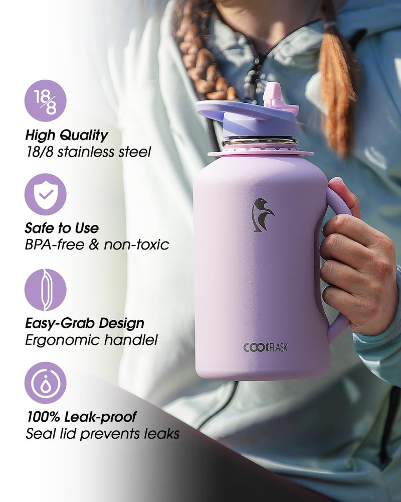 Coolflask Half Gallon Water Bottle with Straw, 64 oz Insulated Stainless Steel Water Jug With Handle Metal Double-Walled Vacuum Large Flask With Strap Leakproof, Keep Cold 48 Hrs Hot 24hrs, Lavender - Image 5
