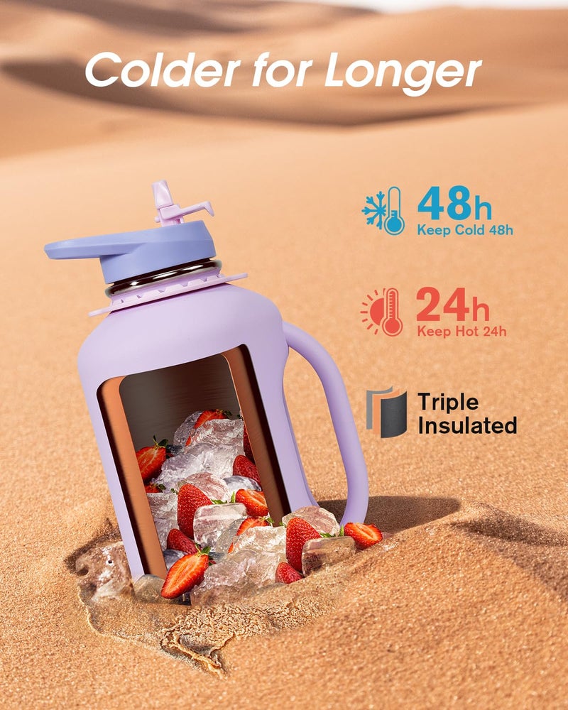 Coolflask Half Gallon Water Bottle with Straw, 64 oz Insulated Stainless Steel Water Jug With Handle Metal Double-Walled Vacuum Large Flask With Strap Leakproof, Keep Cold 48 Hrs Hot 24hrs, Lavender - Image 3