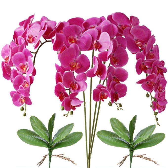 32 ARTIFICIAL PHALAENOPSIS FLOWERS 4 PCS WITH 2 BUNDLES LEAVES ARTIFICIAL ORCHID FLOWERS STEM PLANTS FOR HOME DCOR PURPLE
