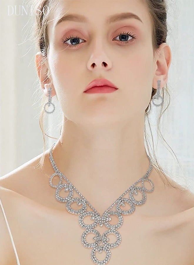 DUNISO 2 Piece Necklace Earrings Set, Full Diamond V Neck Necklace, Crystal Earrings, Wedding Prom Jewelry Sets, Bridesmaid Party Choker Necklace for Women and Girls Dress Accessories - Image 3