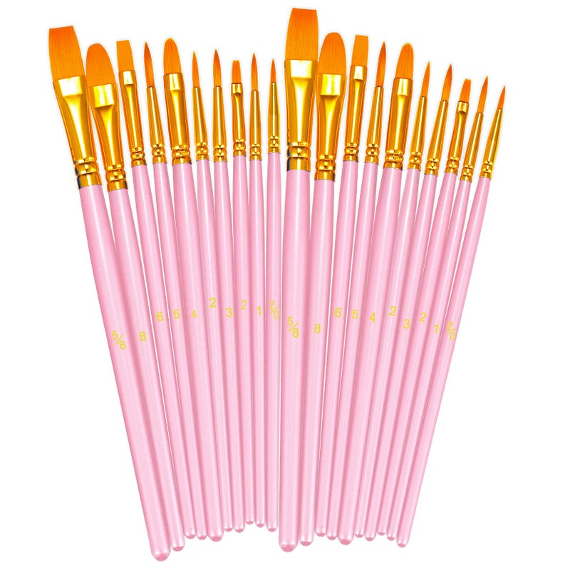 BOSOBO Paint Brushes Set 2 Pack 20 Pcs Round Pointed Tip Nylon Hair Artist Acrylic Paint Brushes for Acrylic Oil Watercolor Face Nail Art Miniature Detailing  Rock Painting Pink