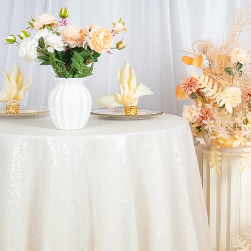 ShiDianYi Round Sequin Tablecloth-120Inch-Ivory Round Table Cloth for Wedding/Party/Decor(Ivory) - Image 5
