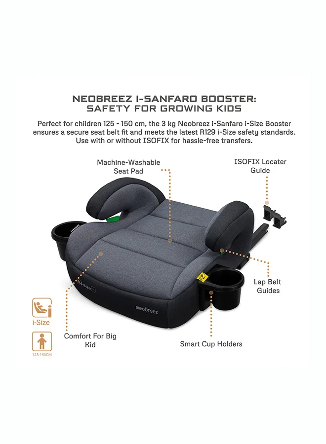 neobreez Neobreez i-SANFARO ISOFIX Backless Booster Car Seat, i-Size – Dark Gray/Black