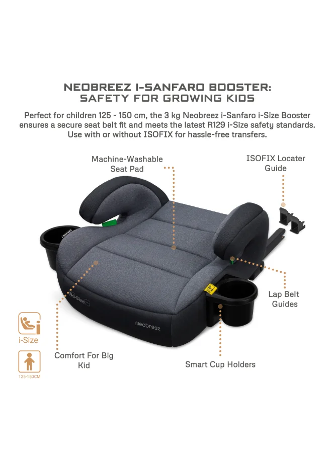 نيوبريز Neobreez i-SANFARO ISOFIX Backless Booster Car Seat, i-Size – Dark Gray/Black