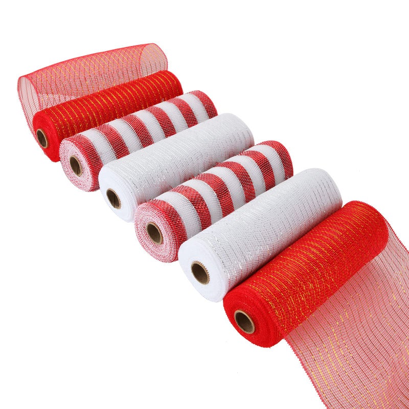 6 Rolls Poly Burlap Mesh 10 Inches Red Deco Ribbon 60 Yards White Mesh Roll Door Wreath Supplies Poly Burlap Ribbon Mesh for DIY Craft Home Christmas Party Decoration2White 2Red 2RedWhite