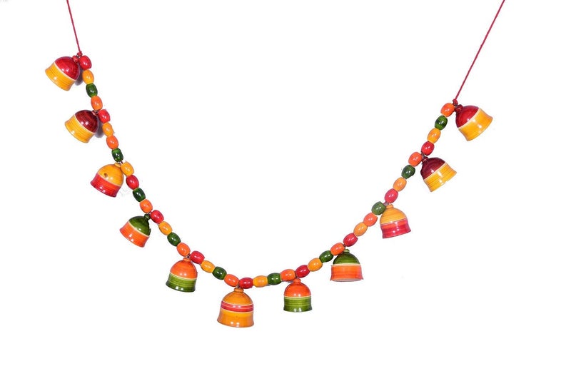 Gift Equals Love Handcrafted Wooden Door Hanging / Bandarwal / Toran / Thoran for Door, Traditional Bandarwal for Decorative Bells (11 Bells) Multicolor handmade by Indian Artisans for home functions and grahapravesam - Image 1