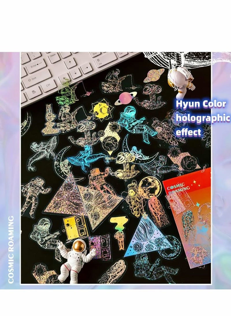 Excefore ملصقات هولوجرافية ذهبية، 180 قطعة مع 4 مواضيع من الراتنج الشفاف الزخرفي مقاوم للماء، عالم خيالي، وحيد قرن، ملصقات يومية عتيقة للتخطيط، لدفتر الملاحظات، زجاجات الماء، اللاب توب، الهاتف - Image 1