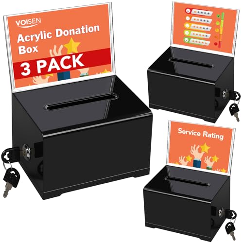 VOISEN Acrylic Donation Box with Lock, 3 Pack Black Ballot Box with Sign Holder, Tip Jar for Fundraising, Donation, Bar, School Voting, 6.2x4.6x3.9 Inch - Image 1