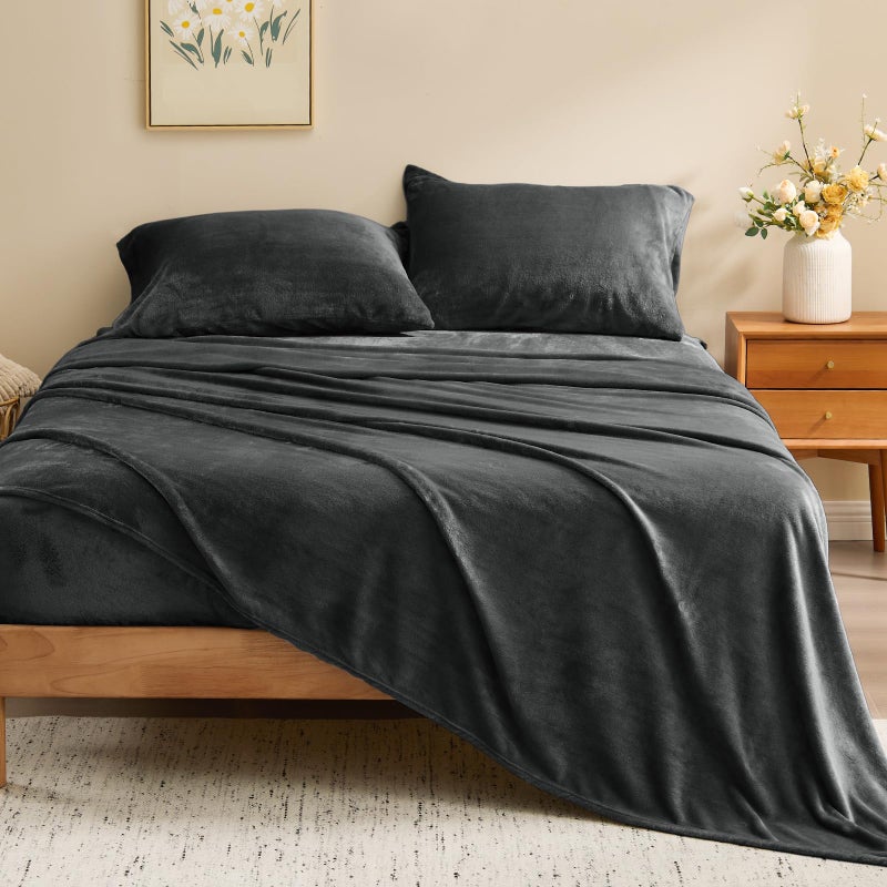 BEDELITE Flannel Sheets Queen Size Dark Grey - Super Soft Fleece Sheets Set Fluffy Extra Plush, 4 Piece(Include Fitted Sheet, Flat Sheet, 2 Pillowcases) - Image 2