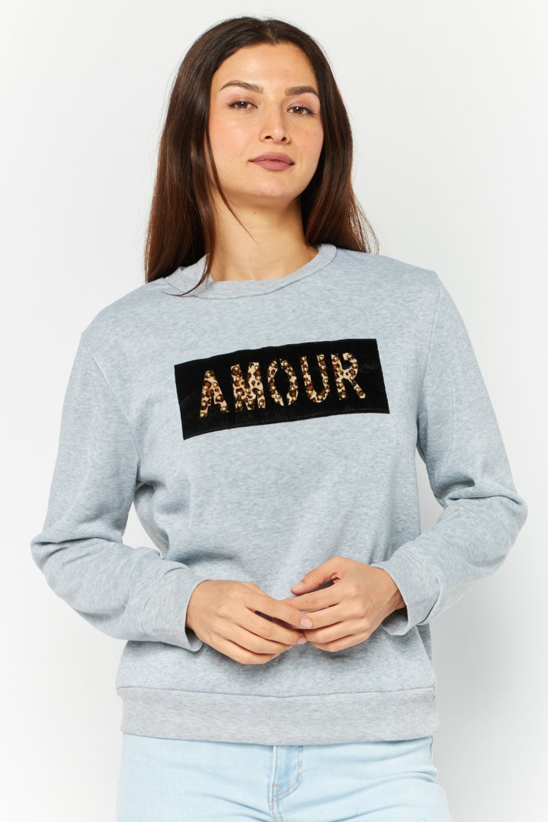 Buzz Women Crew Neck Long Sleeves Animal Print Sweatshirt, Grey - Image 1