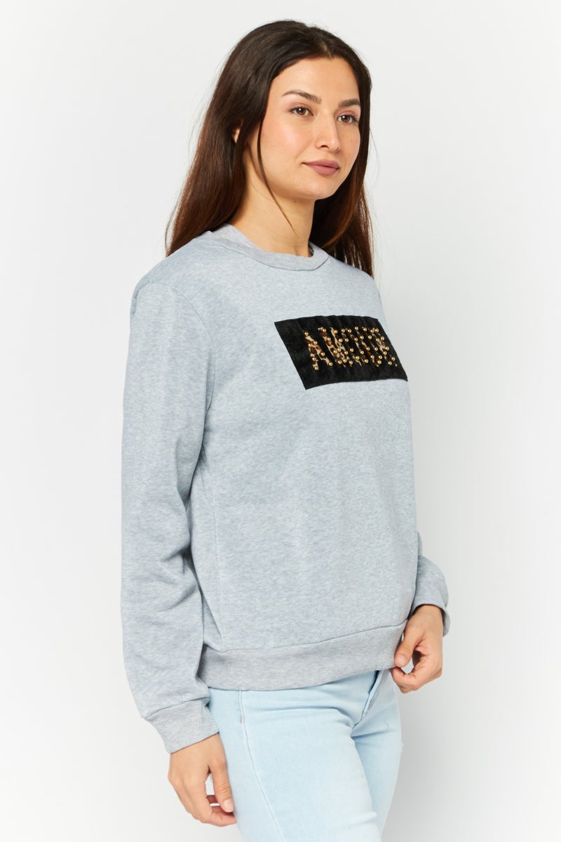 Buzz Women Crew Neck Long Sleeves Animal Print Sweatshirt, Grey - Image 3