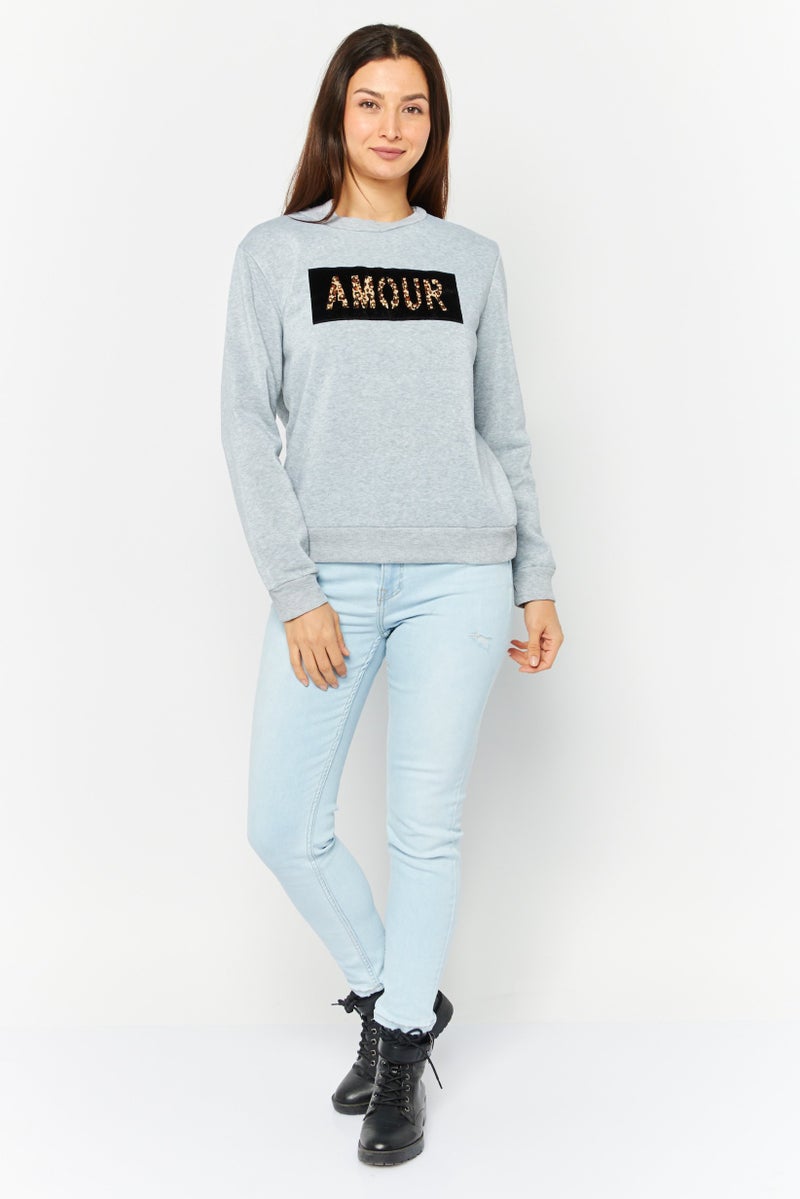 Buzz Women Crew Neck Long Sleeves Animal Print Sweatshirt, Grey - Image 2