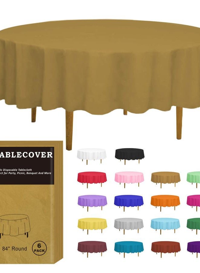 DZ 6 Pack Gold Plastic Tablecloth Table Cloth 84" Round Disposable Table Covers for Party Birthday Wedding Christmas - Image 1