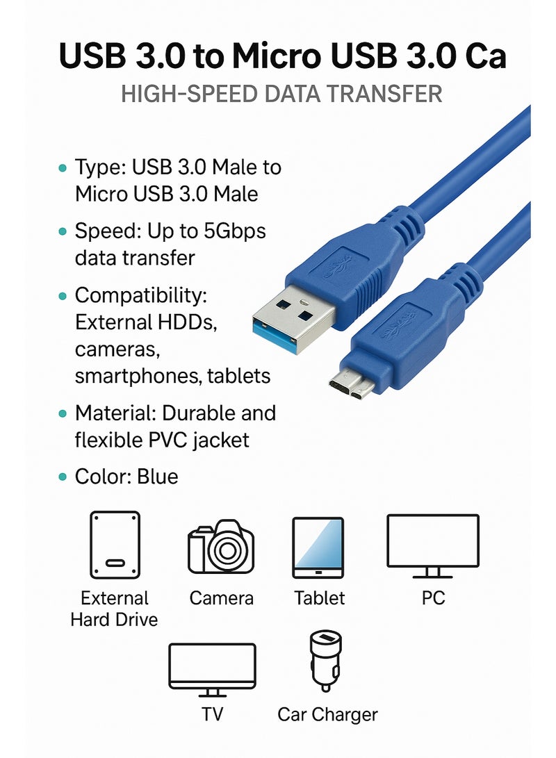 فوجيشكا كابل USB 3.0 من نوع A إلى Micro-B عالي السرعة، يدعم نقل بيانات حتى 5 جيجابت/ثانية، مثالي لتوصيل الأقراص الصلبة الخارجية وأجهزة التخزين الاحترافية.  - Image 4