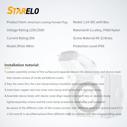 STARELO 30 Amp Locking Female Plug Box NEMA L14-30C Generator Twist Lock Adapter Female Connector,125/250 Volt,Outdoor dustproof and Weatherproof for generators, Welding Machines, etc.ETL Listed. - Image 2
