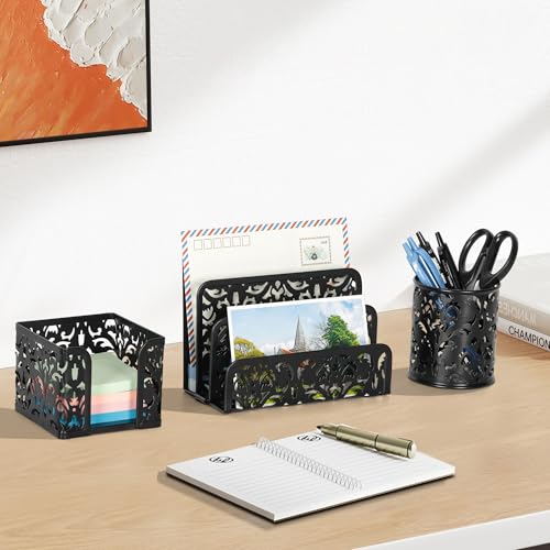 EasyPAG Desk Organizers and Accessories 3 Pieces Office Organizer Set - Pen Holder for Desk, Mail Sorter Countertop and Sticky Note Holder, Black - Image 3