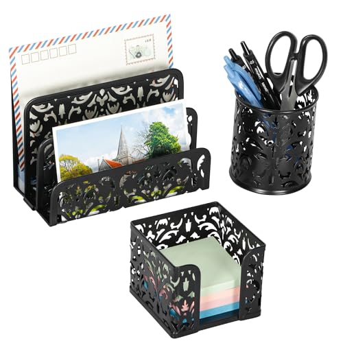 EasyPAG Desk Organizers and Accessories 3 Pieces Office Organizer Set - Pen Holder for Desk, Mail Sorter Countertop and Sticky Note Holder, Black - Image 1