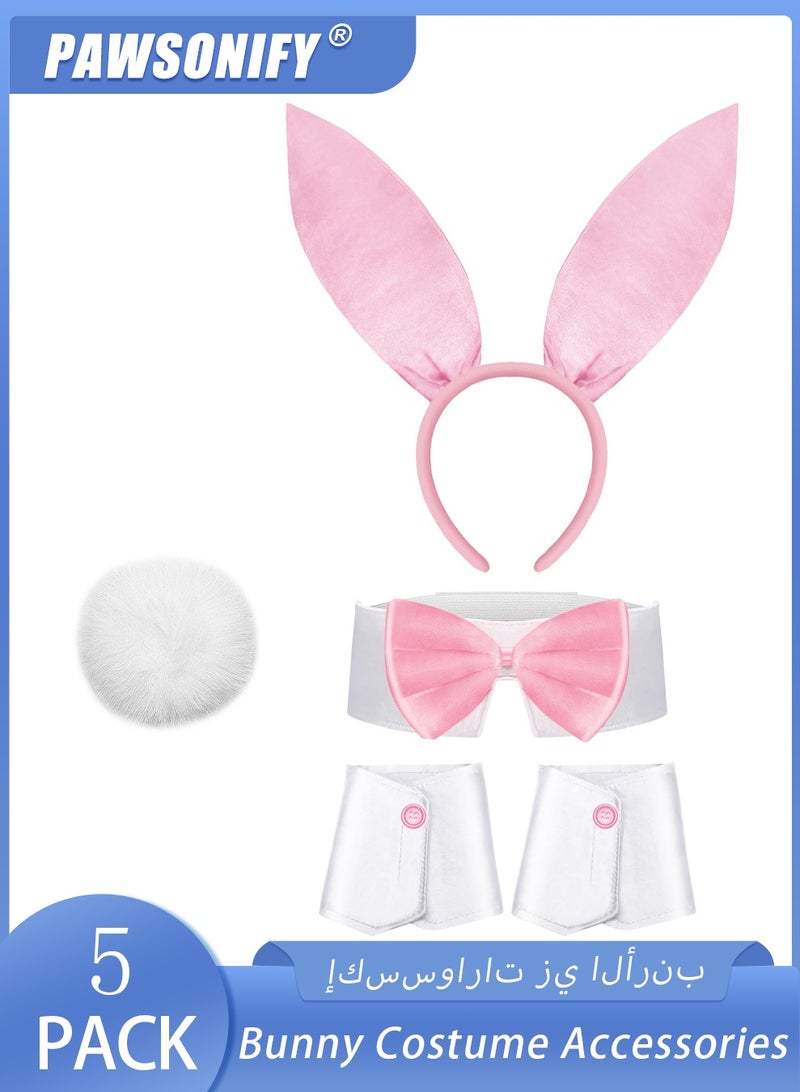 PAWSONIFY Bunny Costume Accessories - 5 PCS Bunny Ears Headband Tail Bow Tie Collar Cuffs Set for Women Rabbit Cosplay Party - Image 1