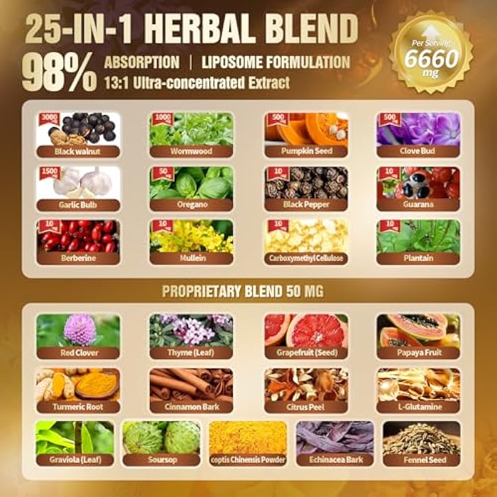 VivoNu 25 في 1 قطرات سائلة من الجوز الأسود والشيح - 6660 ملغ تطهير عشبي للبشر مع السورساوب، الثوم، بذور اليقطين، البربرين، الأوريجانو، الكركم، الإخيناسيا والقرفة، 2 أونصة سائلة (عبوة من 1) - Image 3