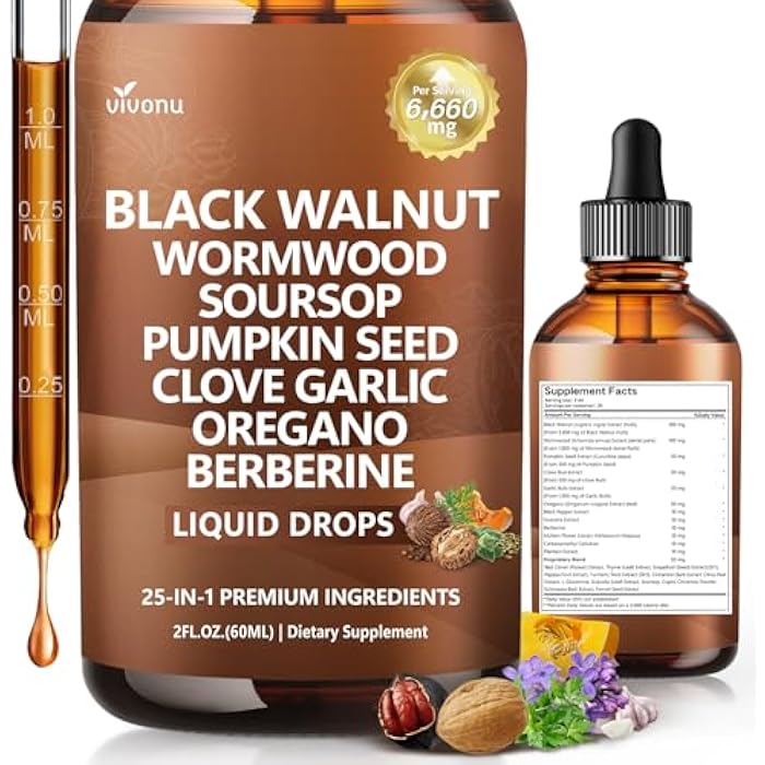 VivoNu 25 في 1 قطرات سائلة من الجوز الأسود والشيح - 6660 ملغ تطهير عشبي للبشر مع السورساوب، الثوم، بذور اليقطين، البربرين، الأوريجانو، الكركم، الإخيناسيا والقرفة، 2 أونصة سائلة (عبوة من 1) - Image 1