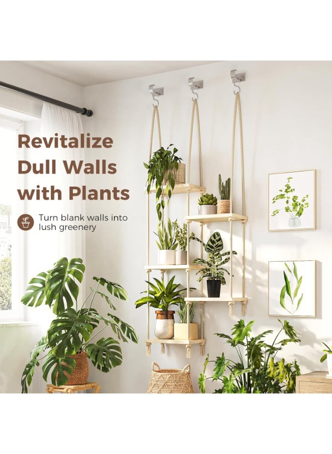 WALALLA 5 Tier Hanging Plant Shelves Indoor with 3 Ceiling Hooks and 3 S Hooks, Wood Window Plant Shelf Boho Hanging Plant Stand, Rope Wall Mounted Plant Hanger for Living Room Bedroom Balcony Garden Decor - Image 2