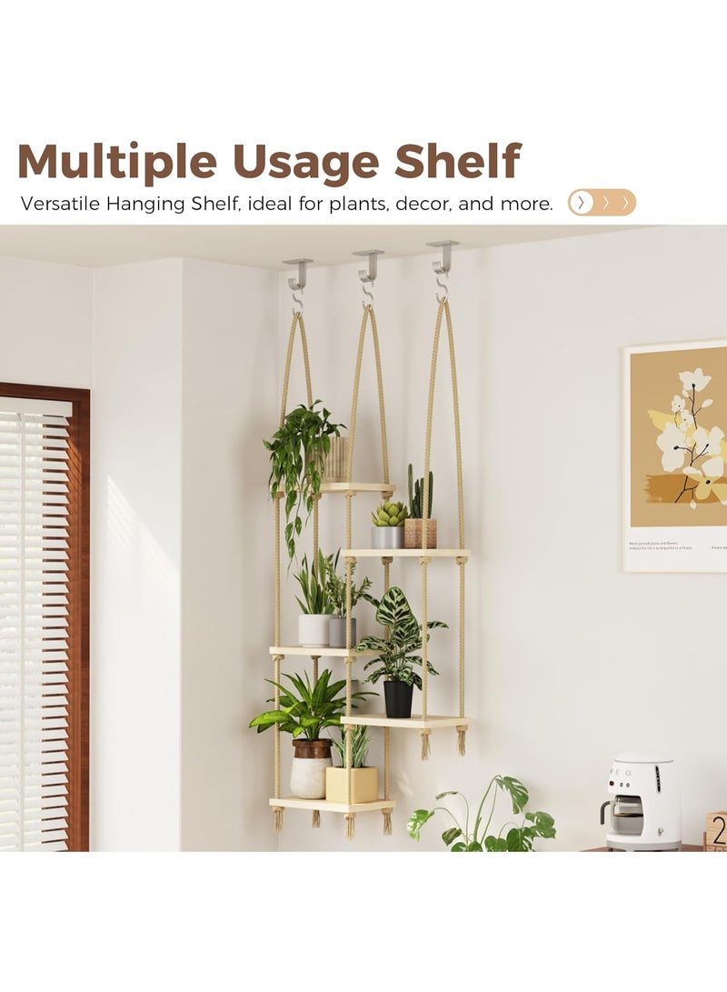 WALALLA 5 Tier Hanging Plant Shelves Indoor with 3 Ceiling Hooks and 3 S Hooks, Wood Window Plant Shelf Boho Hanging Plant Stand, Rope Wall Mounted Plant Hanger for Living Room Bedroom Balcony Garden Decor - Image 3