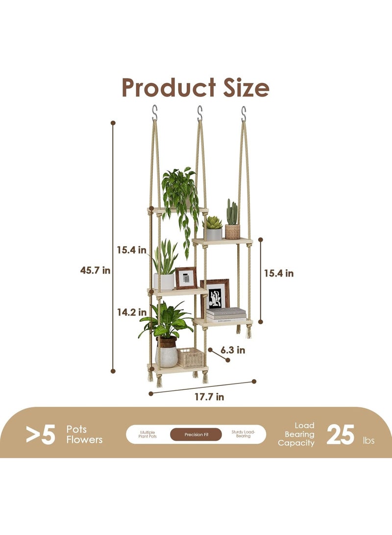 WALALLA 5 Tier Hanging Plant Shelves Indoor with 3 Ceiling Hooks and 3 S Hooks, Wood Window Plant Shelf Boho Hanging Plant Stand, Rope Wall Mounted Plant Hanger for Living Room Bedroom Balcony Garden Decor - Image 4