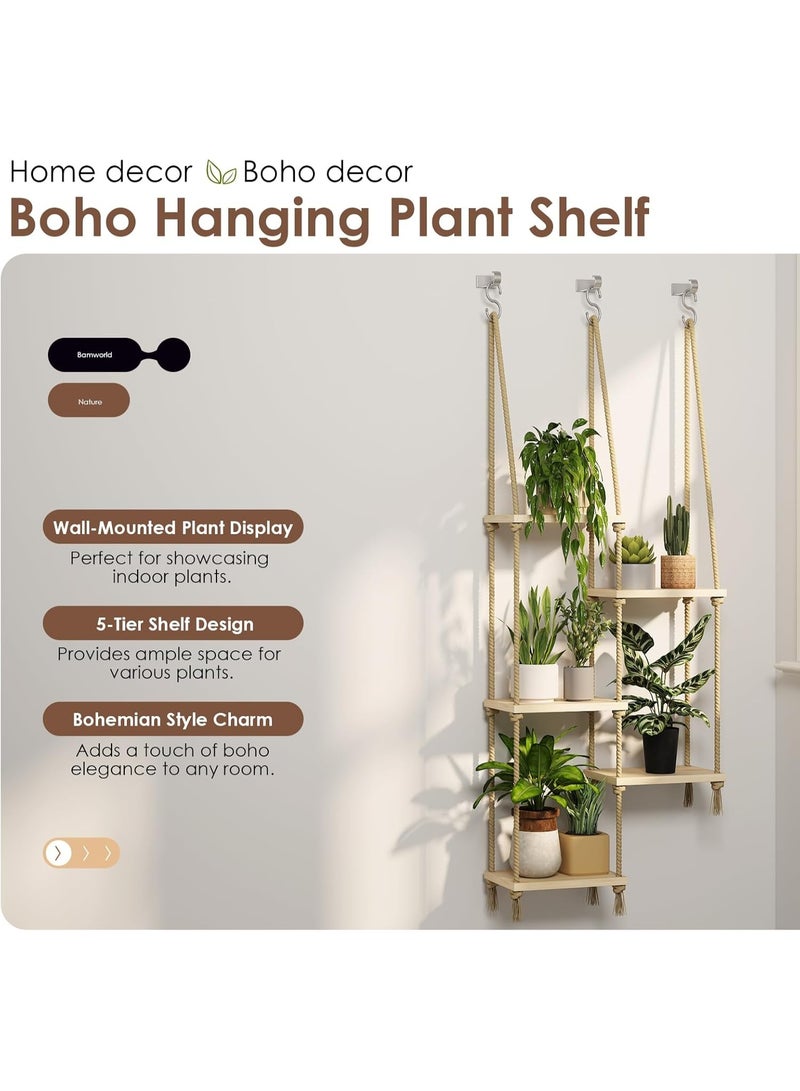 WALALLA 5 Tier Hanging Plant Shelves Indoor with 3 Ceiling Hooks and 3 S Hooks, Wood Window Plant Shelf Boho Hanging Plant Stand, Rope Wall Mounted Plant Hanger for Living Room Bedroom Balcony Garden Decor - Image 5