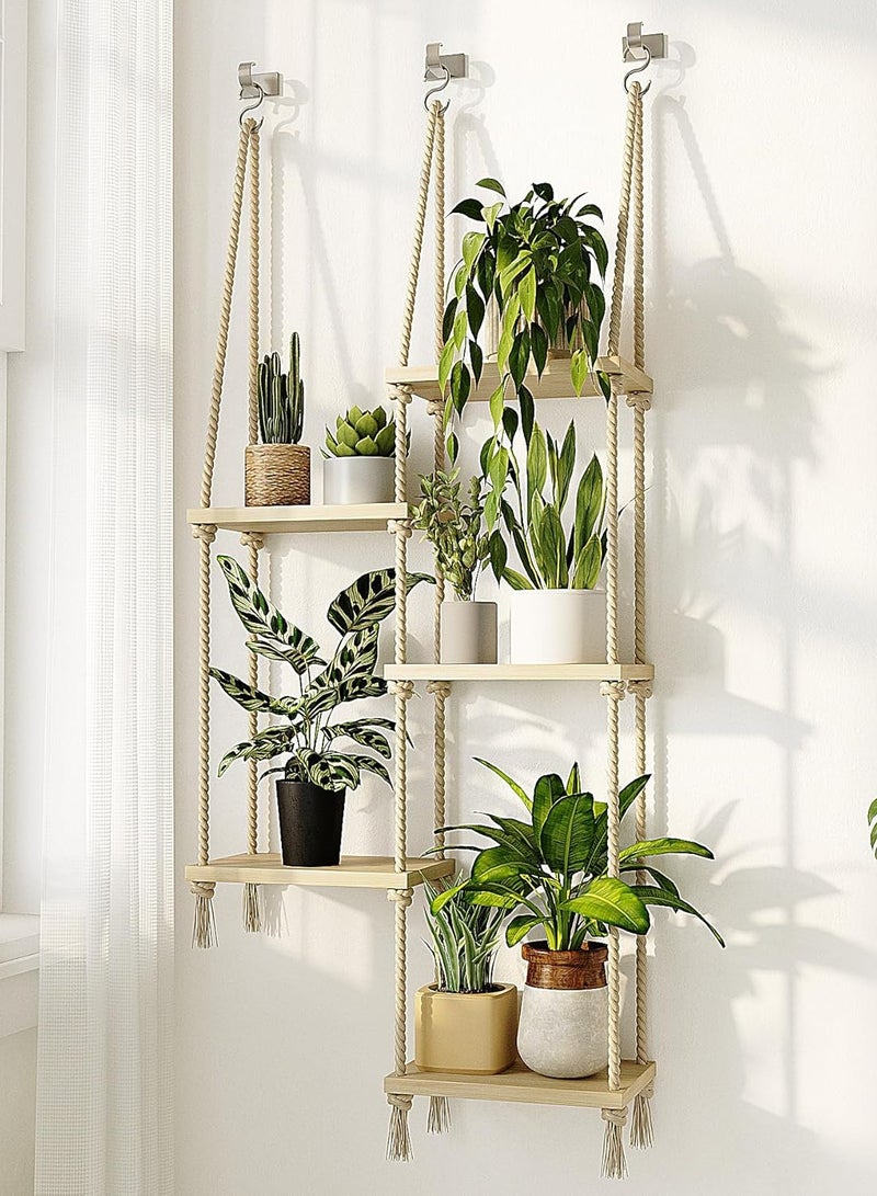 WALALLA 5 Tier Hanging Plant Shelves Indoor with 3 Ceiling Hooks and 3 S Hooks, Wood Window Plant Shelf Boho Hanging Plant Stand, Rope Wall Mounted Plant Hanger for Living Room Bedroom Balcony Garden Decor - Image 1