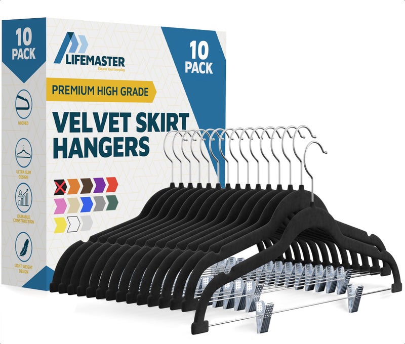 Lifemaster Velvet Skirt Hangers â€“ with Adjustable Clips, 360 Degree Swivel Hook, and Non-Slip Shoulder Notch, Holds Up to 10 lbs, for Organizing Skirt, Pants, Dress, and Clothes, Pack of 10, Black - Image 1