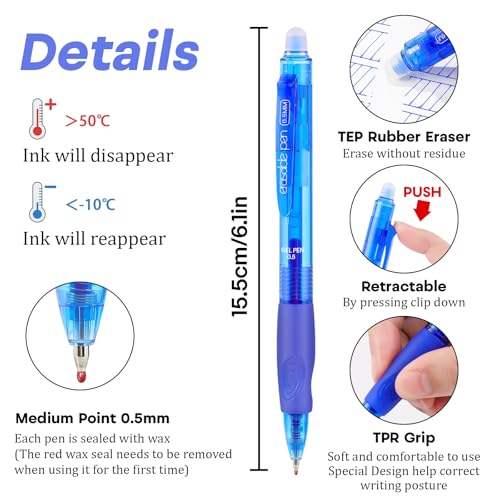 RIANCY 12 Pack Clicker Colored Erasable Gel Pens, 0.5mm Fine Tip, Multicolor & Assorted Ink with Eraser for Mistake Free Writing, Note Taking, Drawing, School & Office Supplies, Soft Grip - Image 3