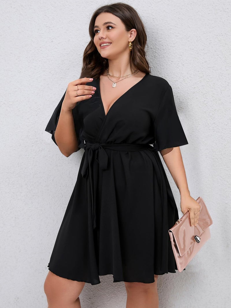 SCOMCHIC Women Plus Size Summer Short Dress Wrap V Neck Belted Black Cocktail Party Dress 2XL - Image 3