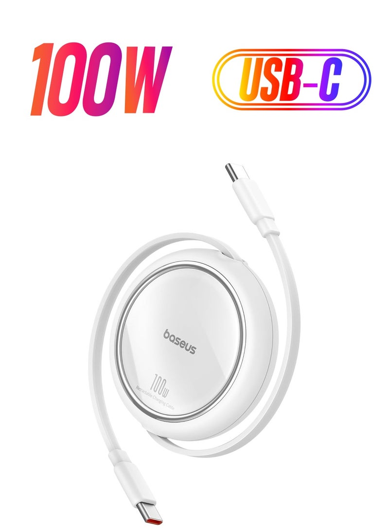 بيسوس كابل USB C، كابل شحن سريع USB C صغير قابل للسحب 100 وات إلى USB C PD 5A، كابل شاحن USB من النوع C بطول 1 متر بطول 4 مراحل لهواتف iPhone 15/Pro/Plus/Pro Max وMacBook وiPad Pro وSamsung S23/S22+ أبيض - Image 1