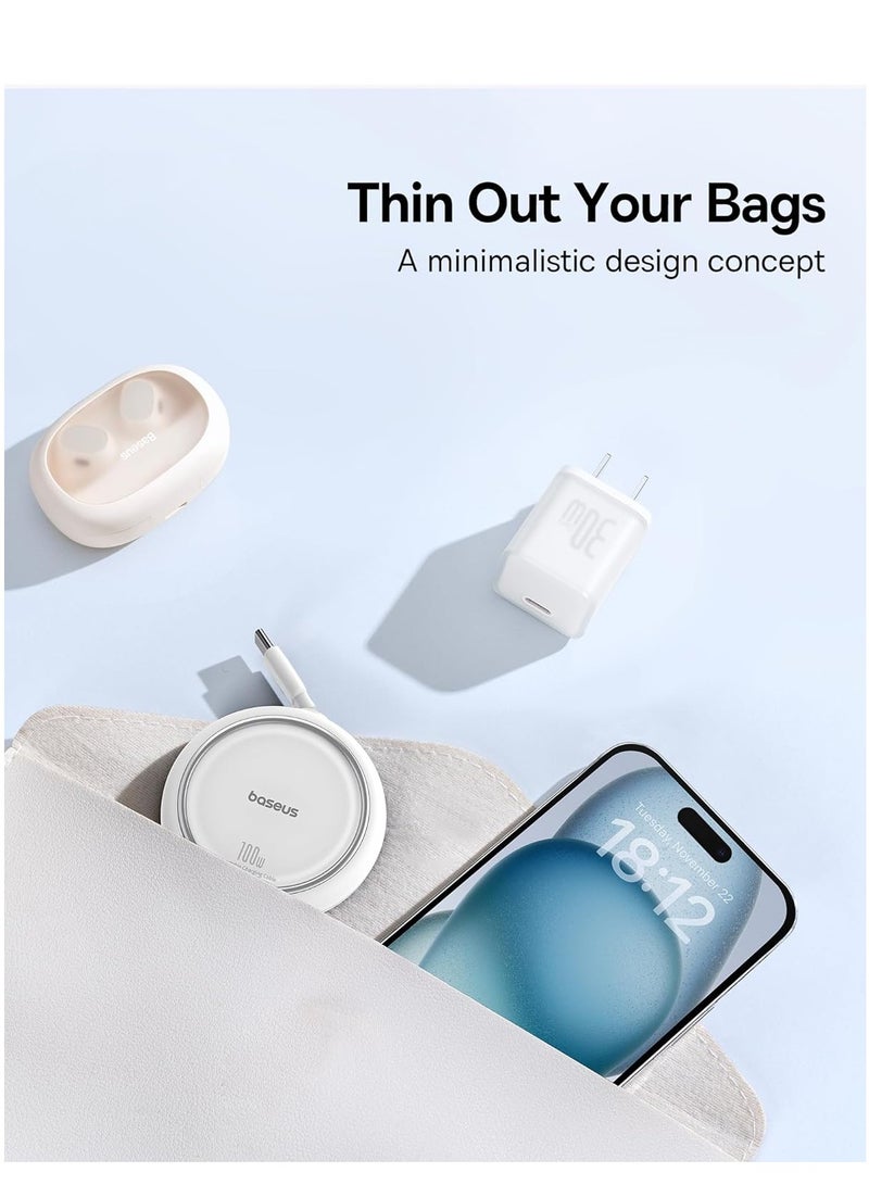 بيسوس كابل USB C، كابل شحن سريع USB C صغير قابل للسحب 100 وات إلى USB C PD 5A، كابل شاحن USB من النوع C بطول 1 متر بطول 4 مراحل لهواتف iPhone 15/Pro/Plus/Pro Max وMacBook وiPad Pro وSamsung S23/S22+ أبيض - Image 4